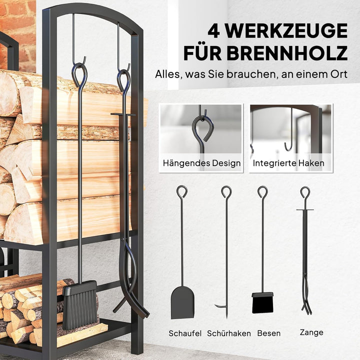 Outsunny Kaminholzständer Brennholzregal Feuerholzablage 2 Schichte Kaminwerkzeug Schwarz 40x30x74,5