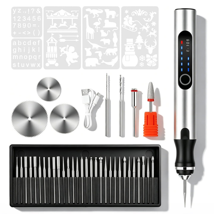 Multifunktionswerkzeug Akku Gravierstift Kabellos Gravur Werkzeug Kit mit 37 Bits, Gravierer 3-Gang-