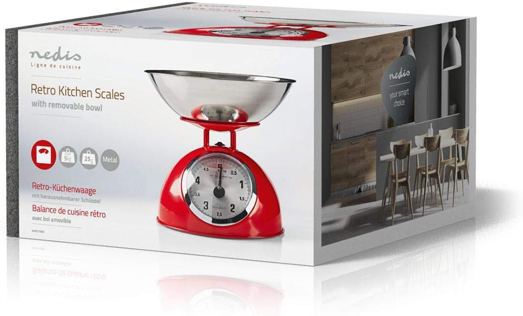 Nedis KASC110RD Küchenwaage - Analog - 5 kg Kapazität - Edelstahl - Glänzendes Design - Analog Küche