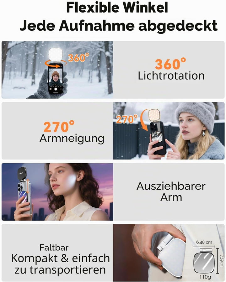 CloudValley Magnetisches Selfie Licht mit Spiegel, 3-in-1 Tragbares LED Ringlicht für iPhone &amp; Andro