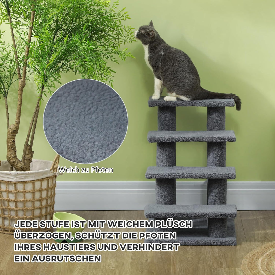 PawHut Tiertreppe Katzentreppe Hundetreppe Treppe für Katze und Hunde 4 Stufen Grau 63,5x43x60cm, Gr