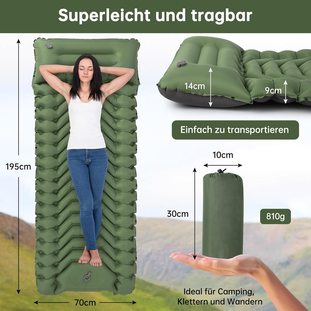 HAUSPROFI Isomatte Camping, Ultraleicht Camping Luftmatratze mit Fusspumpe & Kissen, Aufblasbare Mat