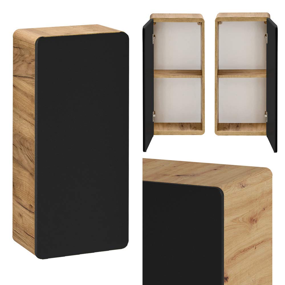 Lomadox Badmöbel Hängeschrank seidenmatt anthrazit mit Wotan Eiche Nb., 1-türig, Schwarz Wall Cabine