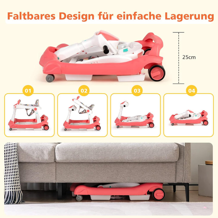 DREAMADE 2 in 1 Lauflernhilfe mit Musik & Licht, Baby Walker Höhenverstellbar & Klappbar, Lauflernwa