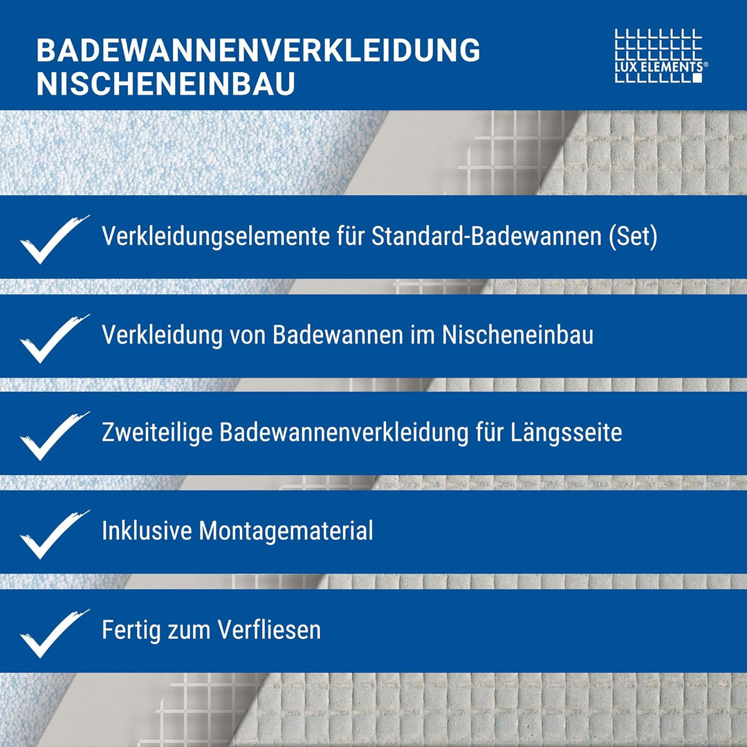 LUX ELEMENTS Badewannenverkleidung Set Nischeneinbau Fertig zum Verfliesen I 2x Hartschaumplatten +