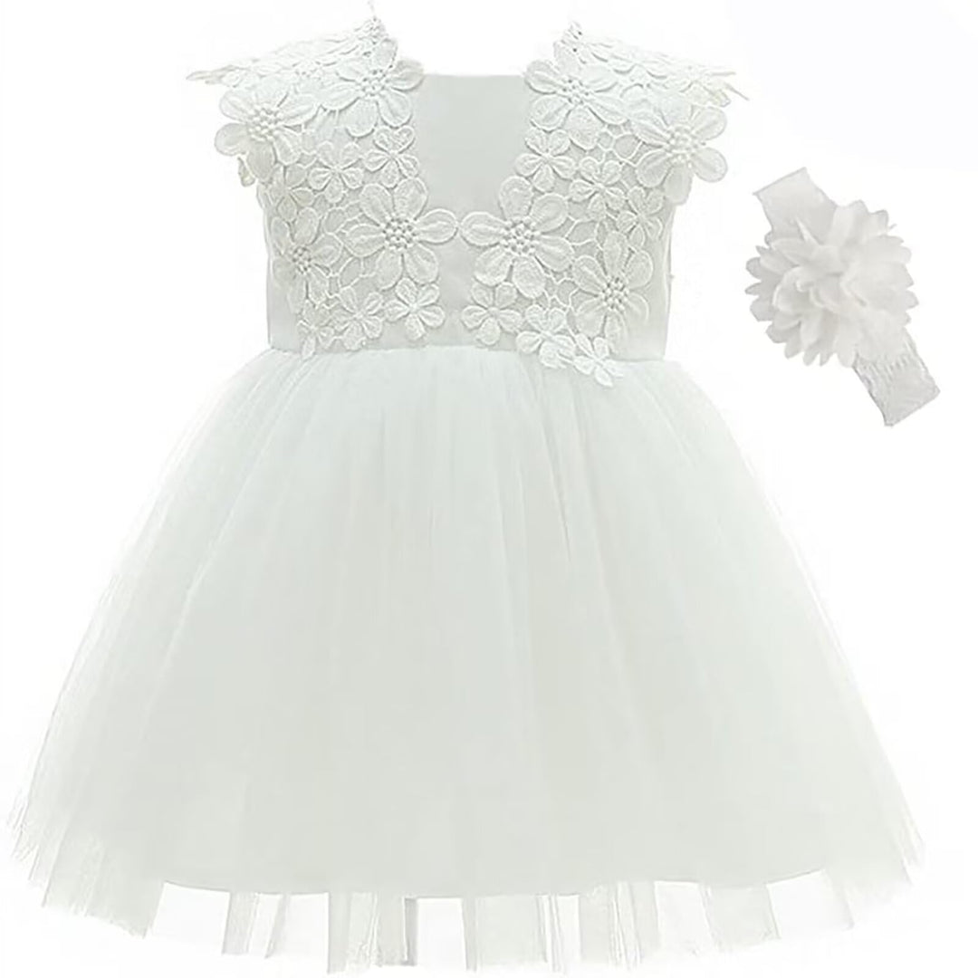 Baby Mädchen Weiss Taufkleid mit Haube Neugeborenen Taufe Kleid Spitzenkleid für Hochzeit Geburtstag