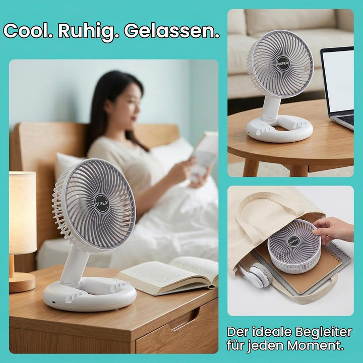 USB Tischventilator, Tragbar Leise Tischventilator mit 3 Geschwindigkeiten, Faltbar Akku Ventilator,