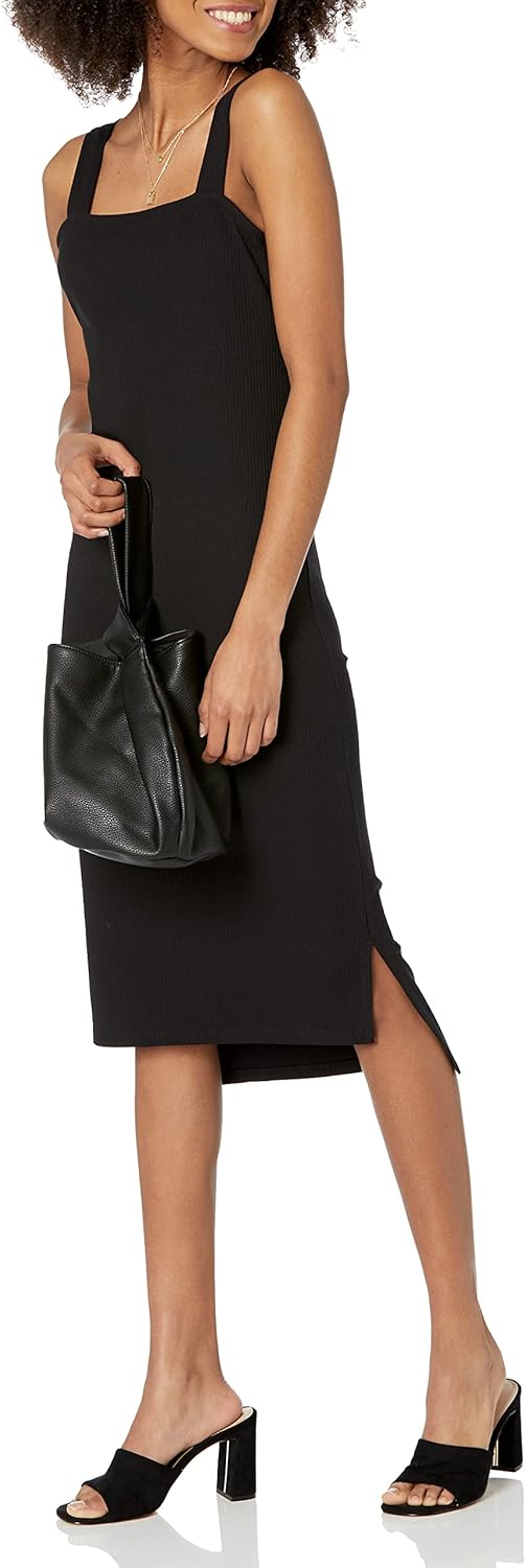 The Drop Damen Amelia Midi-Trägerkleid, enganliegend, gerader Ausschnitt XS Schwarz, XS Schwarz