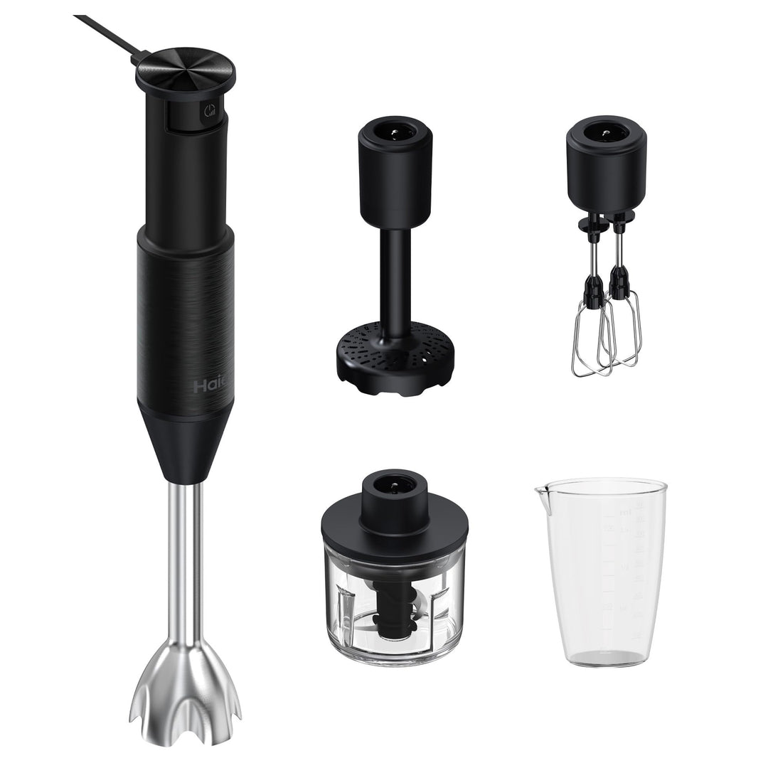 Haier Stabmixer 4-in-1 mit Messbecher, Quirl, Stampfer, Zerkleinerer I 1000W Pürierstab aus Edelstah