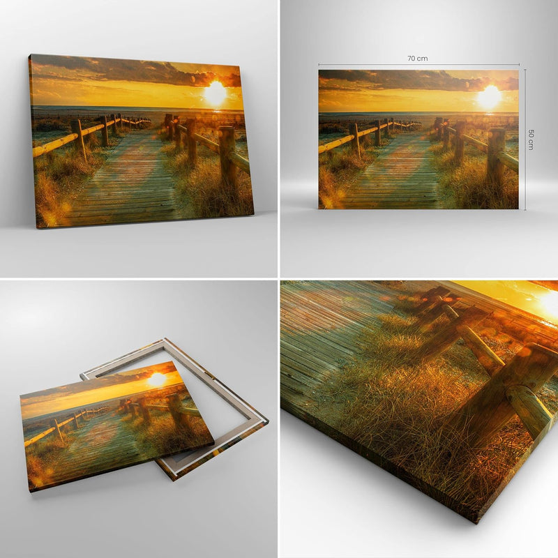 Bilder auf Leinwand Fussgängerbrücke Strand Urlaub Sonne Leinwandbild 70x50cm Wandbilder Dekoration