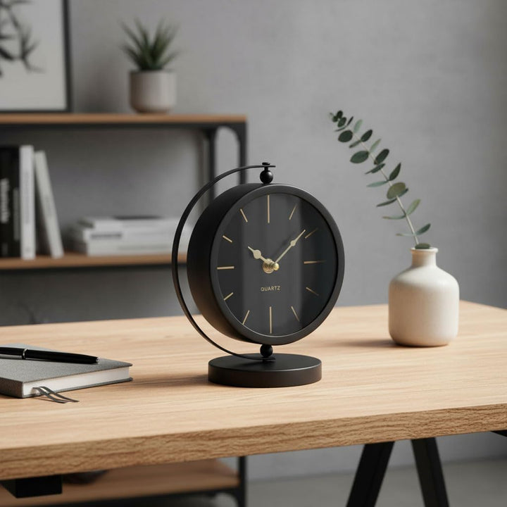 levandeo Tischuhr H20cm Schwarz Gold Metall Vintage Retro Metalluhr Analog Standuhr Deko Tischdeko N