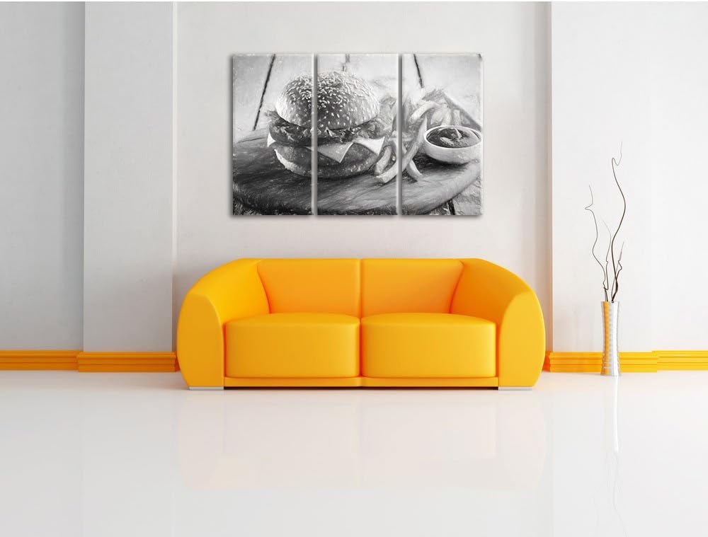 Pixxprint Chickenburger Pommes als Leinwandbild/Grösse: 3 Teilig (120x80 cm) cm/Wandbild/Kunstdruck/
