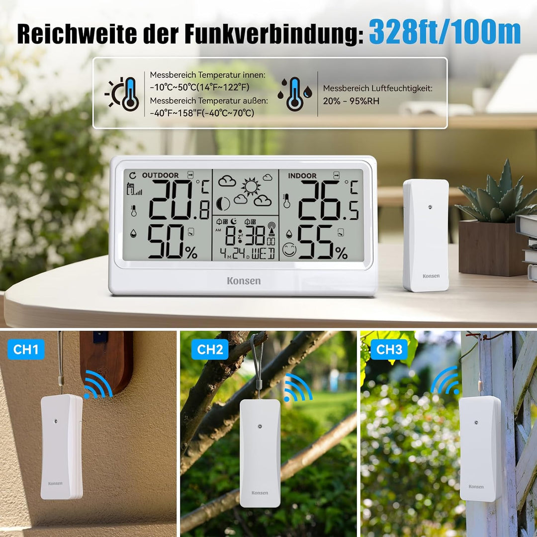 Funk-Wetterstation mit Aussensensor – DCF Funkuhr, Digitales Thermo-Hygrometer (Batteriebetrieb) für