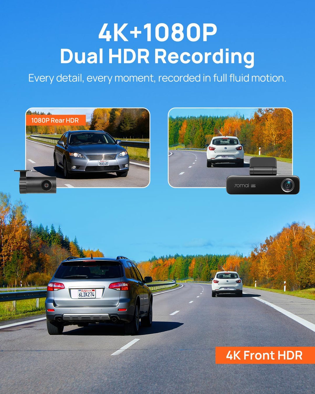 【70mai M800 Dashcam + UP06】 70mai M800 4K Dashcam Auto Vorne & Hinten, STARVIS 2 IMX678 Nachtsicht &