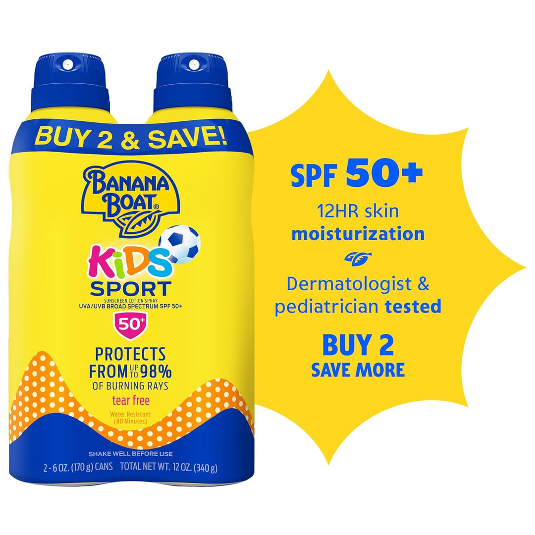 Banana Boat Sunscreen Kids Sport, Tear-Free Broad Spectrum Sunscreen Spray - SPF 50-6 Ounce Twin Pac