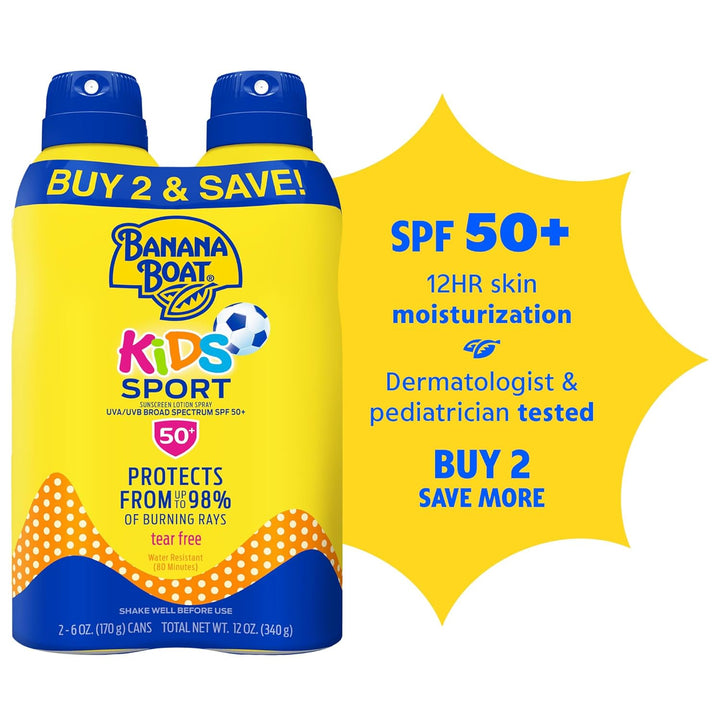 Banana Boat Sunscreen Kids Sport, Tear-Free Broad Spectrum Sunscreen Spray - SPF 50-6 Ounce Twin Pac