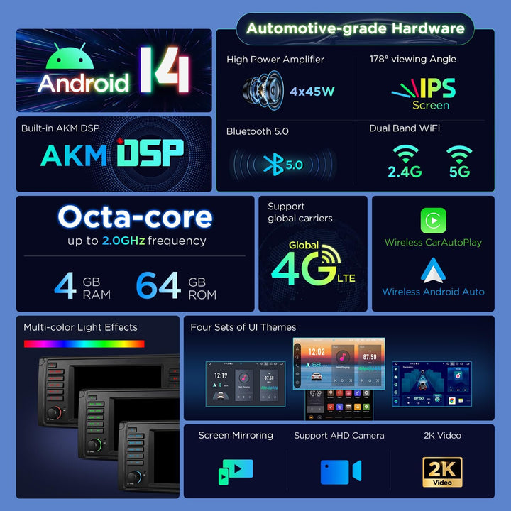 XTRONS 7 Zoll Android 14 Autoradio mit Navi für BMW E39 M5 Octa-Core 4+64GB | IPS Bildschirm Eingeba
