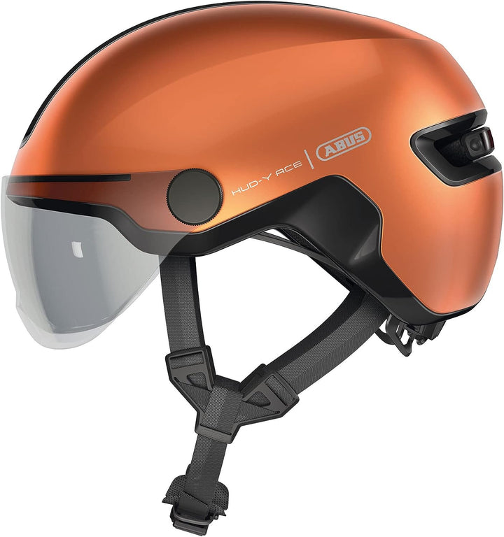 ABUS Stadthelm HUD-Y ACE - stylischer Fahrradhelm mit Visier und magnetischem, aufladbarem LED-Rückl
