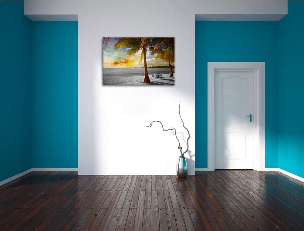 Liegestühle am Strand mit Palmen schwarz/weiss Format: 100x70 auf Leinwand, XXL riesige Bilder ferti