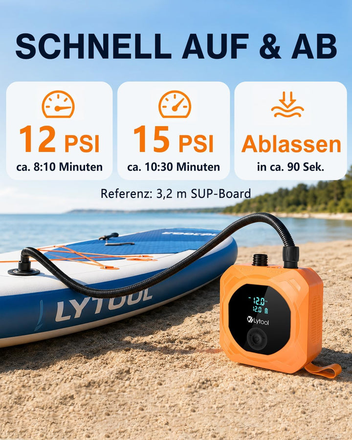 Elektrische SUP Pumpe (optional mit Akku / 12V KFZ-Anschluss) - Lytool 50 PSI Hochdruck Kombi-Luftpu