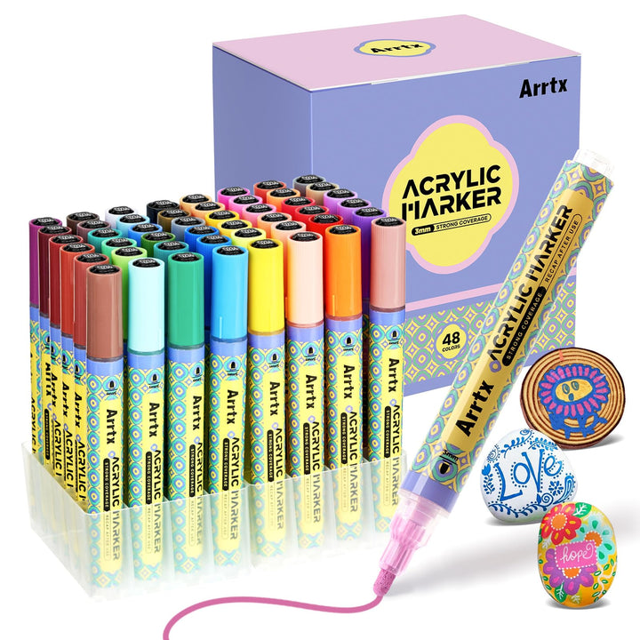 Arrtx 48 Farben Acrylstifte für Steine wasserfest, 3 mm Farbmarker mit mittlerer Spitze, Permanent A