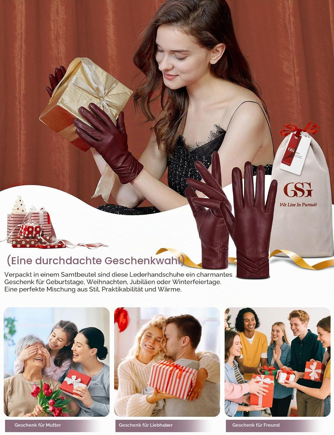 GSG SINCE 1998 Echtes Lammfell Lederhandschuhe für Damen Warm Gefütterte Touchscreen Winterhandschuh