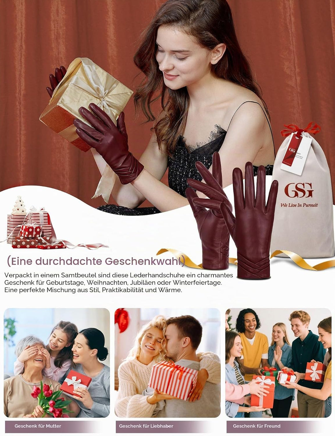 GSG SINCE 1998 Echtes Lammfell Lederhandschuhe für Damen Warm Gefütterte Touchscreen Winterhandschuh