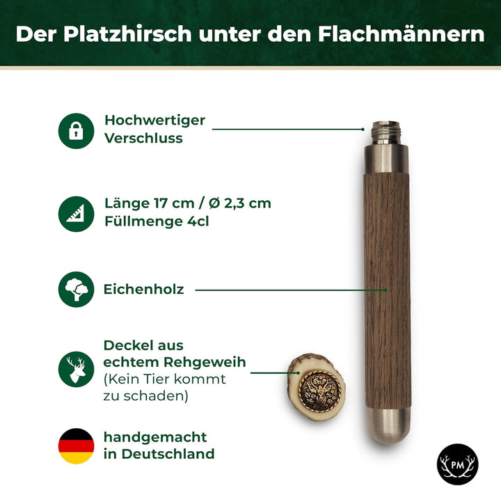 Flachmann mit echtem Hirschgeweih Deckel - 4cl Füllmenge, passt in Lederhose - Oktoberfest Gadget -