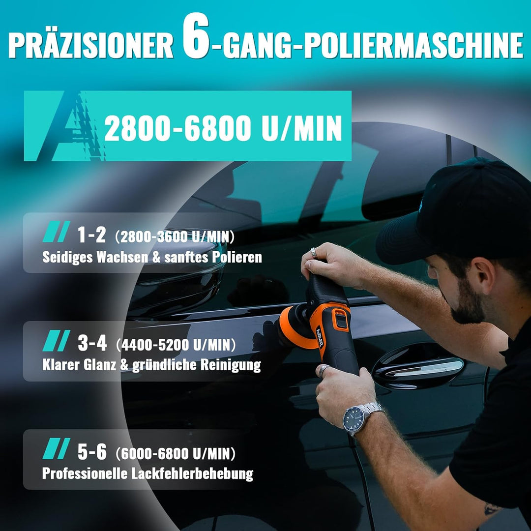 AUTIWOZ Mini Poliermaschine Auto, 600W Polierer mit 6 Variable Geschwindigkeiten 2800-6800 RPM, Abne