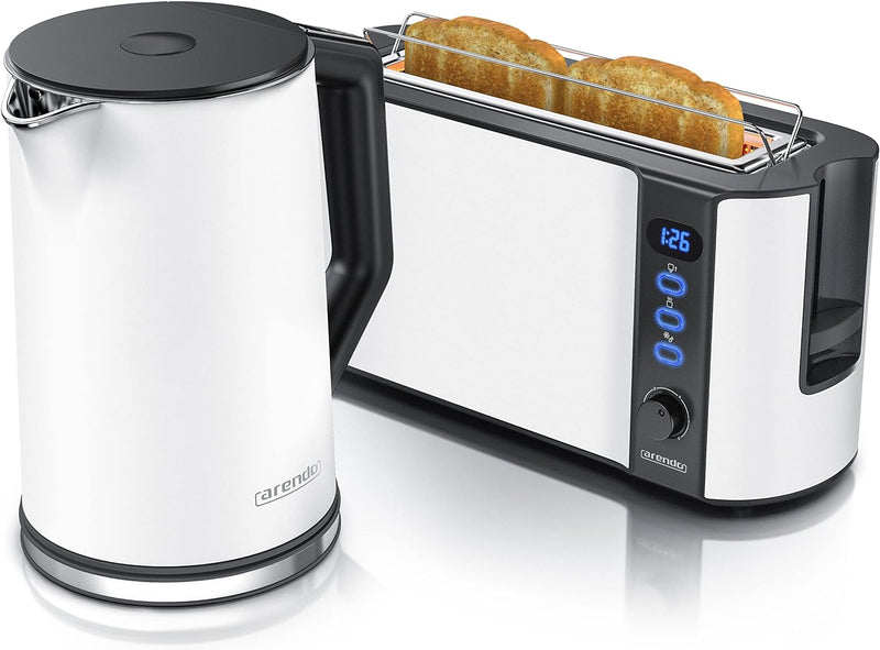 Arendo - Wasserkocher und Toaster im Set Edelstahl Weiss Matt Wasserkocher 1,5L 40° - 100°C Warmhalt
