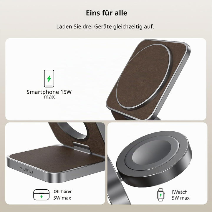 KU XIU X40 3-in-1 Induktive Ladestation – Kabelloses magnetisches Ladegerät, Faltbares Reiseladegerä