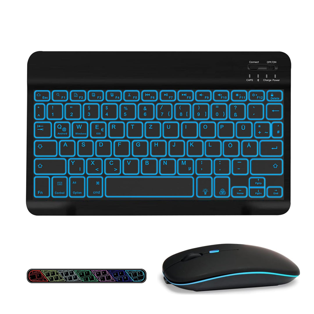 Kabellose Bluetooth Tastatur & Maus mit Hintergrundbeleuchtung, Ultraflache drahtlose Tastatur (Deut