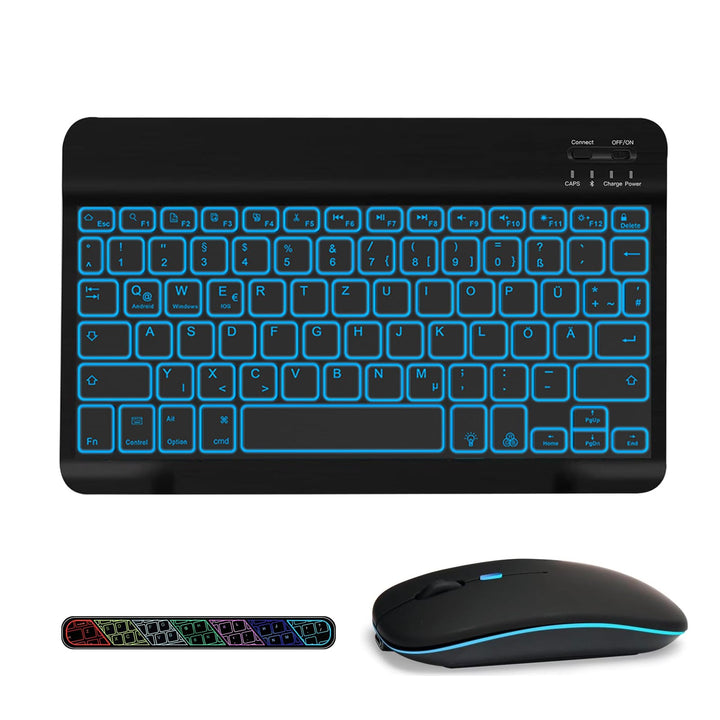 Kabellose Bluetooth Tastatur & Maus mit Hintergrundbeleuchtung, Ultraflache drahtlose Tastatur (Deut