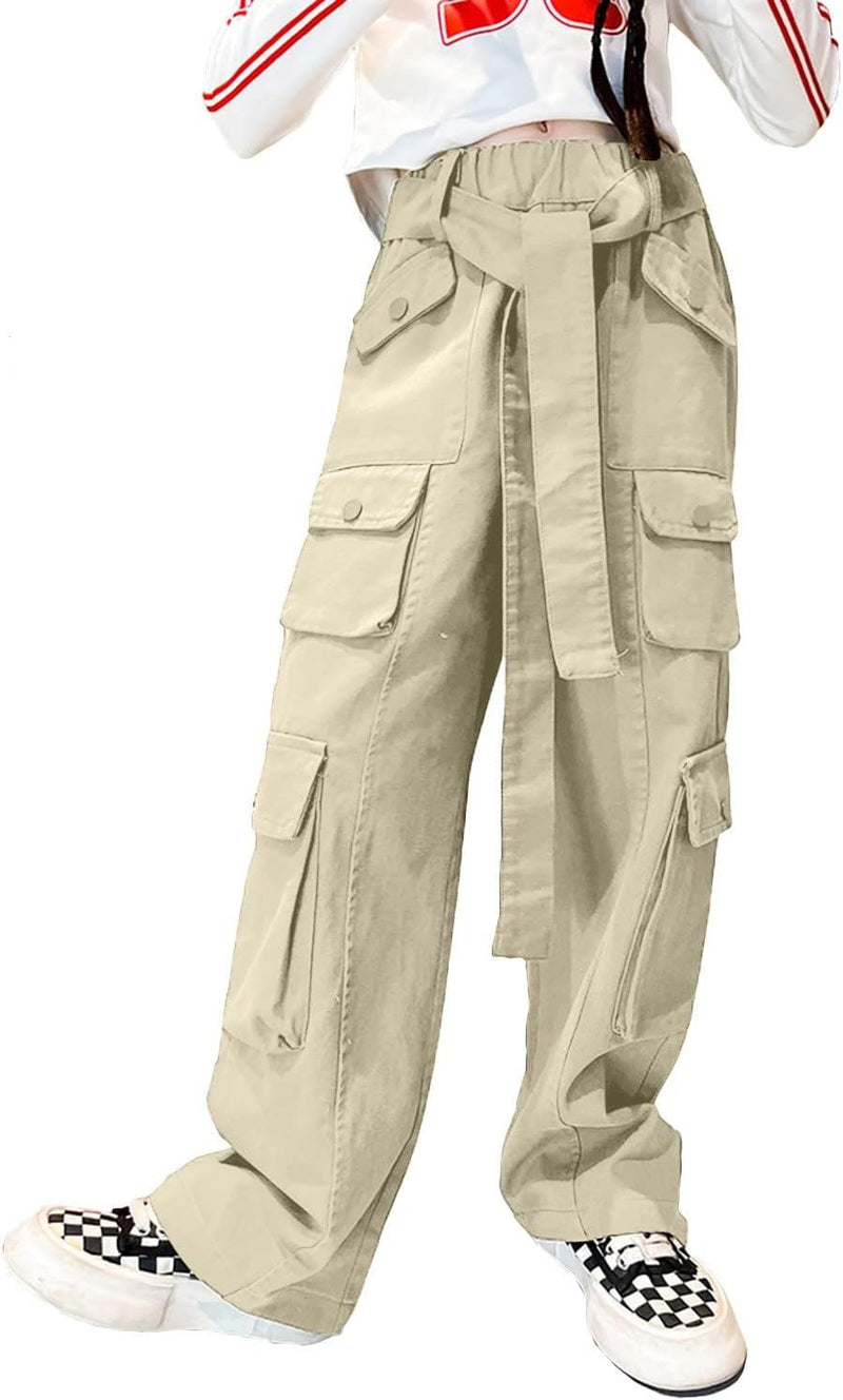 Rolanko Mädchen Baggy Cargo Hose, Elastisch Hohe Taille Gerade Weites Bein Streetwear Hose mit Mehre
