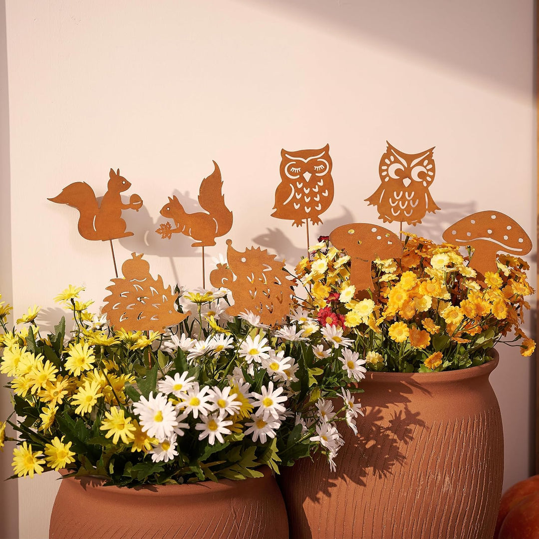 Valery Madelyn 8er Rost Gartenstecker für Herbstdeko Draussen,25cm Rostoptik Gartendeko mit Igel Eul