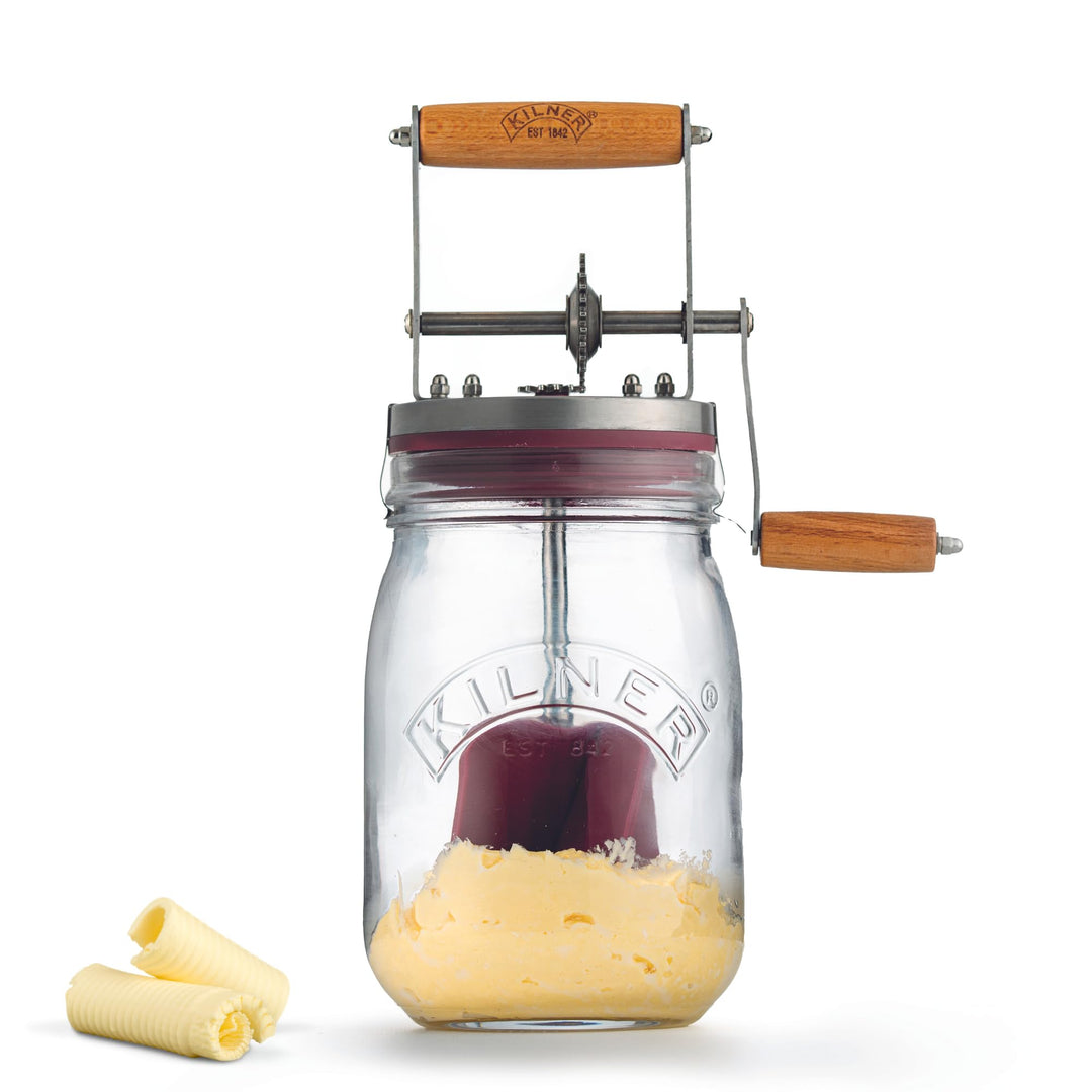 Kilner Butterfass Glas mit Handkurbel, manuelle Handkurbel und Silikonmixer, 1L, Öffnung: 7,2 cm, 16
