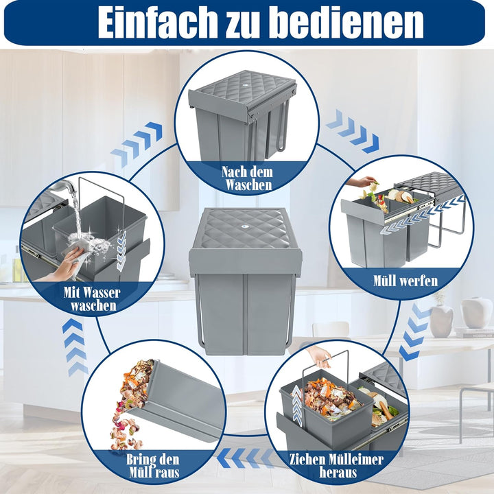 Einbaumülleimer Küche 2 Fächer Ausziehbar Mülleimer Abfalleimer Küche Unterschrank mit Teleskopschie