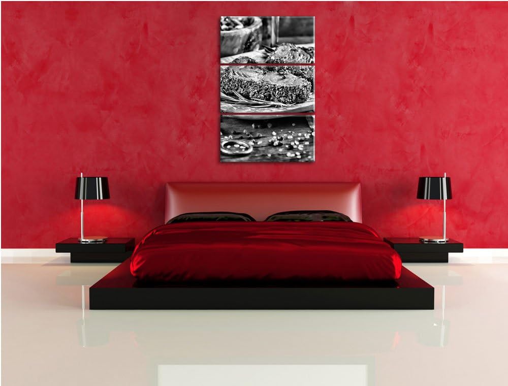 Pixxprint Monocrome, Leckeres Steak 3-Teiler Leinwandbild 120x80 Bild auf Leinwand