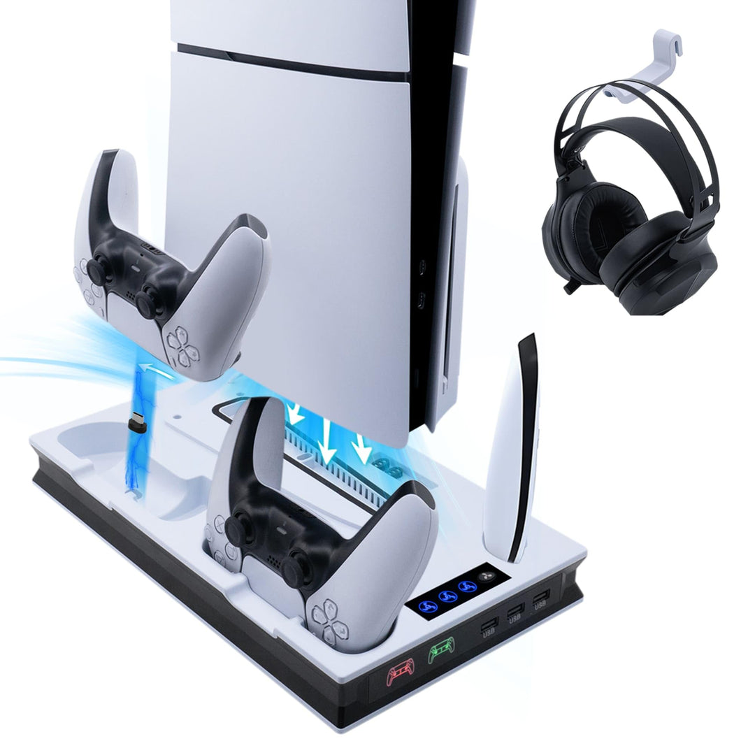 Wigearss Vertikaler PS5 Lüfter Ständer Kühlstation mit Dual-Controller-Ladung für PS5/PS5 Slim UHD/D