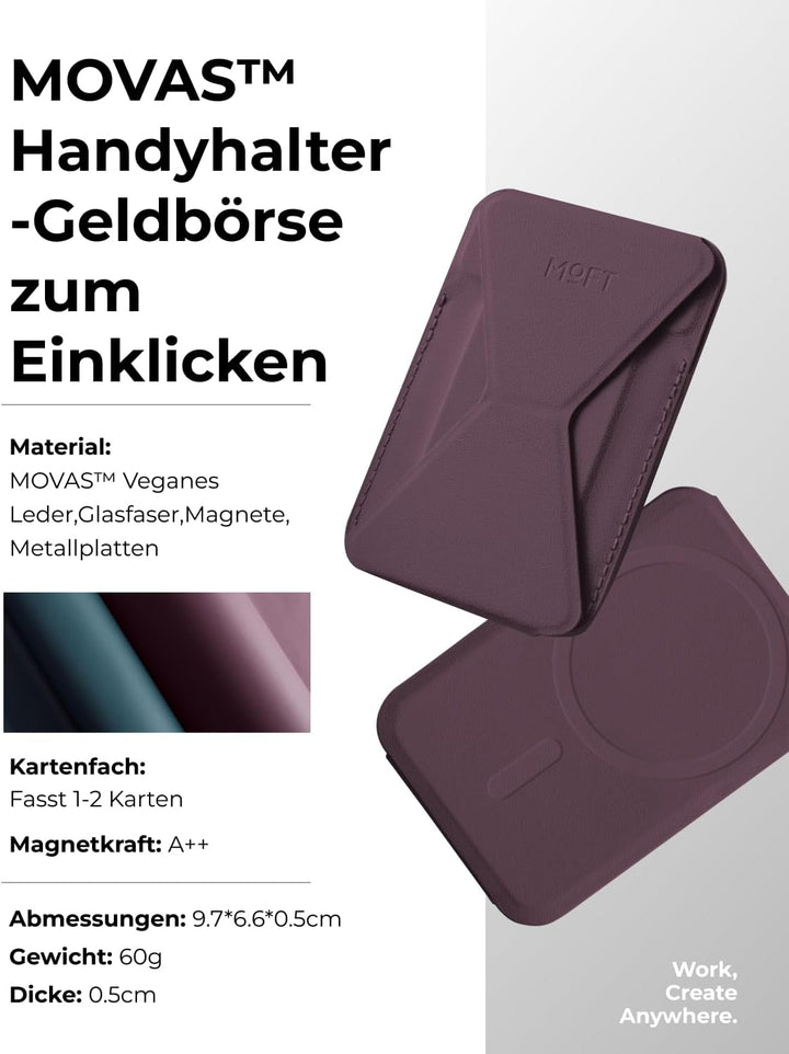 MOFT Magnetische Wallet Ständer für iPhone 15/14/13/12 Serie Kompatibel mit MagSafe, MOVAS Vegan Led