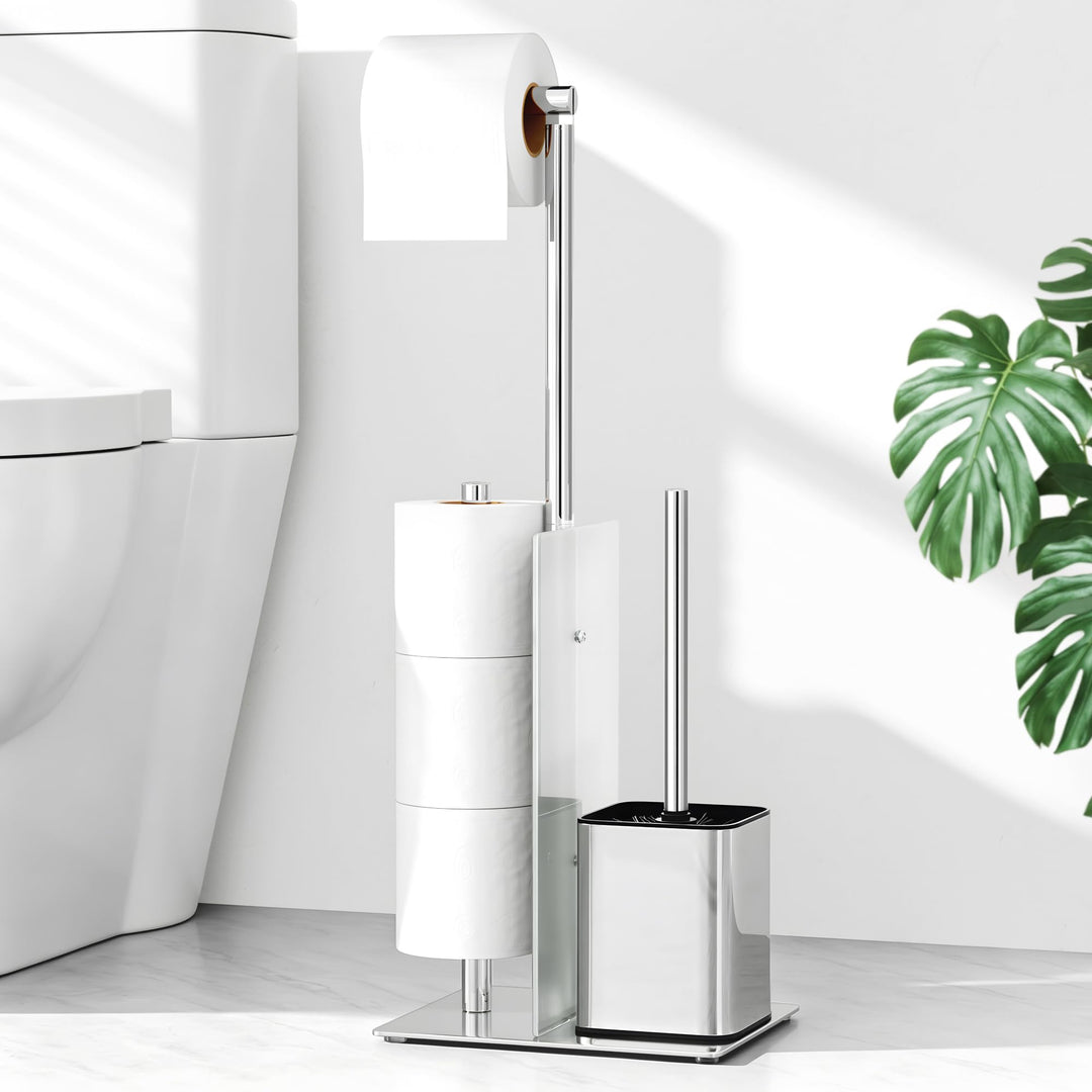 Toilettenpapierhalter Stehend mit WC Bürste - Toilettenbürste und Klorollenhalter Stehend mit Glasre