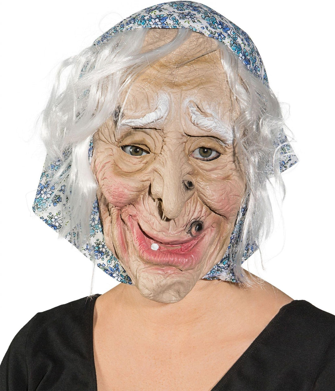 Walpurgis-Verkleidung: Hexenmaske mit blauem Kopftuch und Haaren