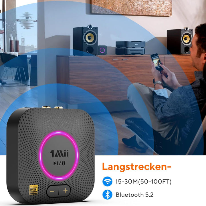 1Mii B06S+ Bluetooth 5.2 Empfänger, HiFi Audio Adapter mit LDAC, Lautstärkeregelung, aptX HD & Low L