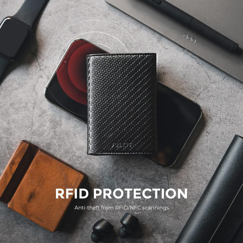 VULKIT Kreditkartenetui RFID-blockierende Pop-Up-Kartentasche aus Echtem Leder mit Geldscheinfach, A