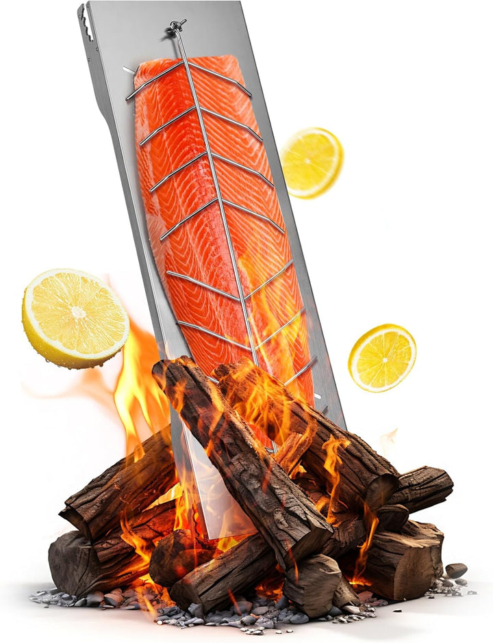 onlyfire Flammlachsbrett Edelstahl, Extra Breit 19cm Flammlachshalter, Lachsbretter zum Grillen Feue