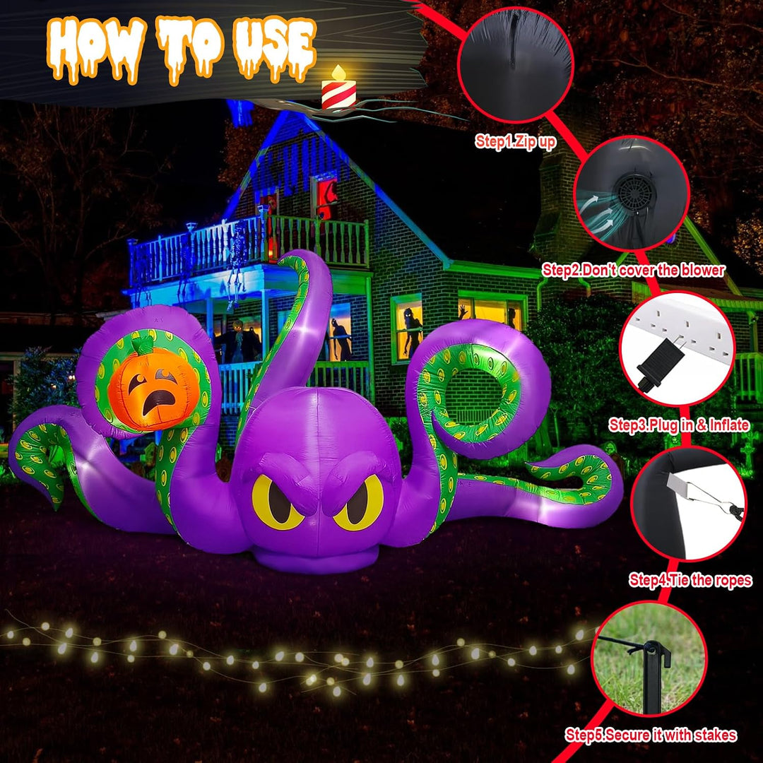 360CM Halloween Aufblasbarer Oktopus mit Kürbis Eingebaut 7 integrierten LED-Leuchten für Halloween