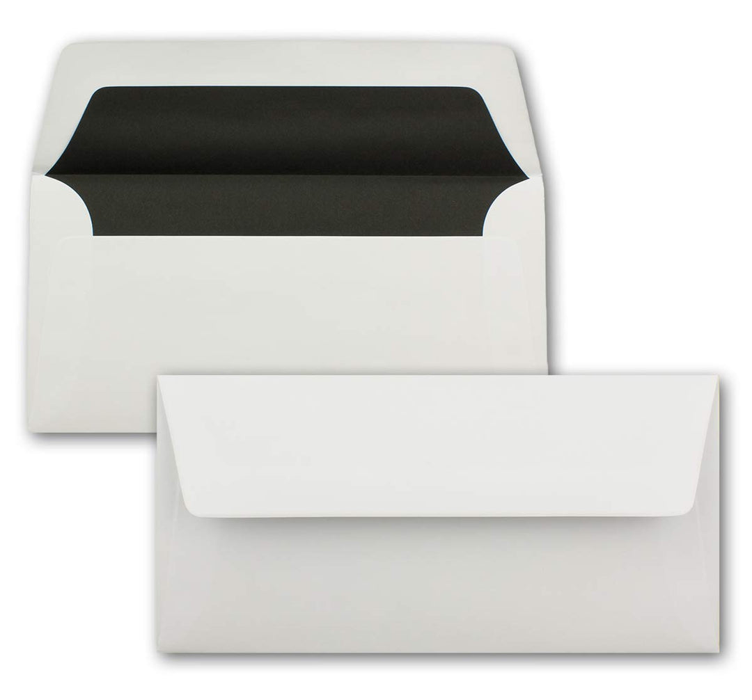 100 Briefumschläge Weiss - DIN Lang - gefüttert mit schwarzem Seidenpapier - 22 x 11 cm - Nassklebun