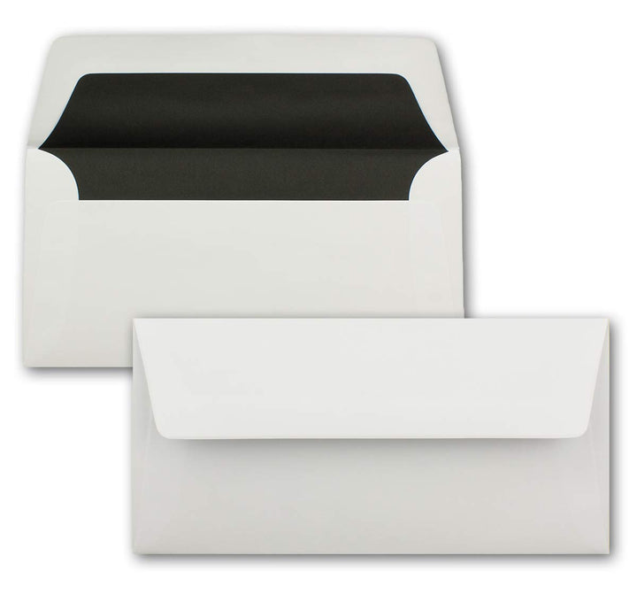 100 Briefumschläge Weiss - DIN Lang - gefüttert mit schwarzem Seidenpapier - 22 x 11 cm - Nassklebun