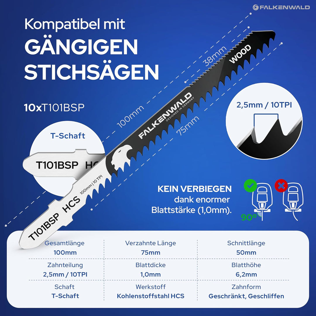 FALKENWALD® Stichsägeblätter Holz 10x T101BSP – High Speed Wood - 50mm für schnelle Schnitte - T-Sch