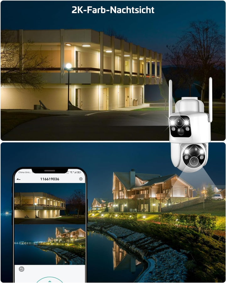 COCOCAM 2K Überwachungskamera Aussen Akku WLAN mit Dual-Objektiv, Solar Kamera Outdoor, Dual PIR, 10